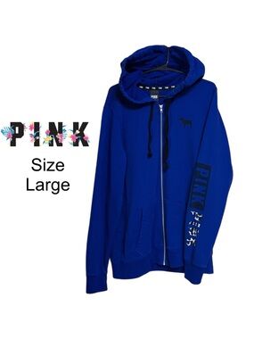 🖤💙 Victoria’s Secret PINK Blue Full Zip Hoodie Large Cozy Logo 💙🖤
